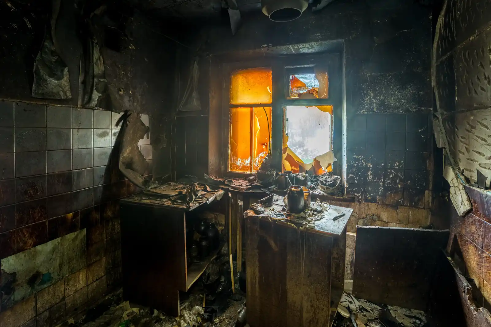 Fire damage restoration crew responding to a house fire in Fullerton, CA